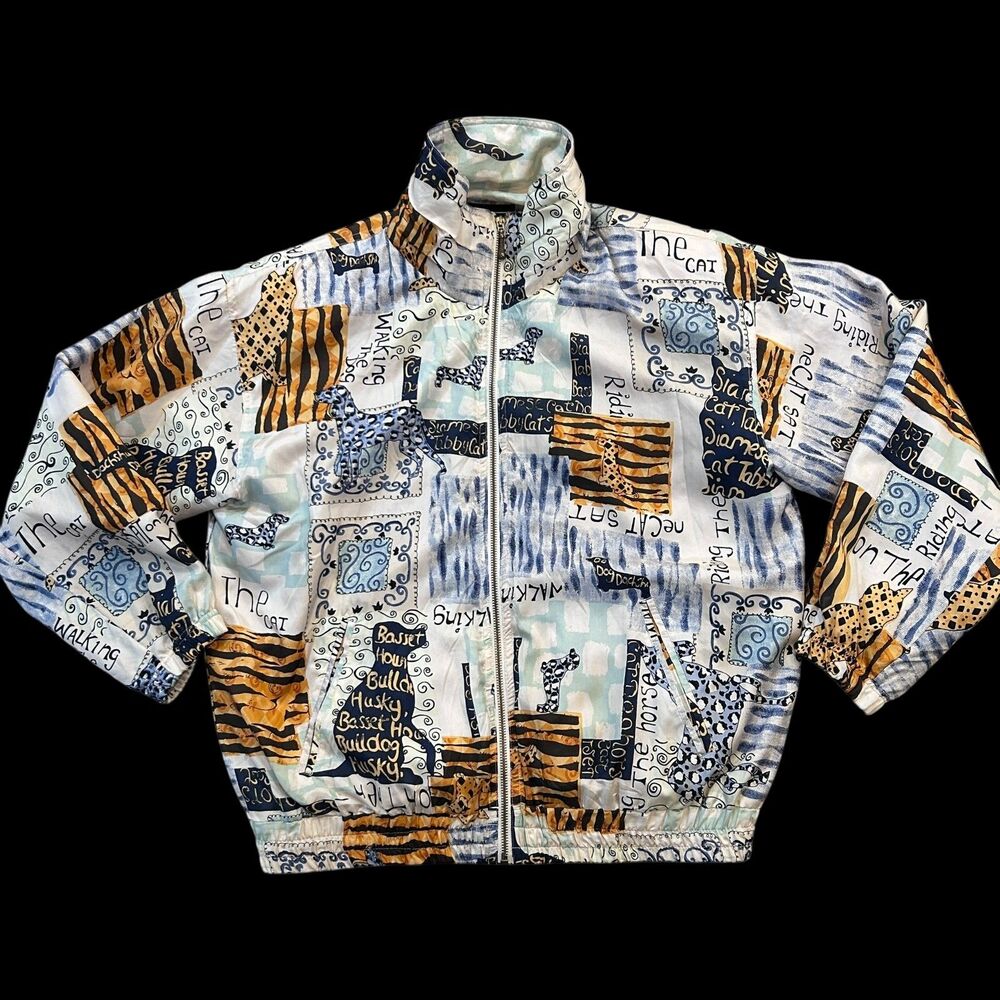 Vintage 90s Abvien Cat Dog 100% Silk Zip up Jacket Size Medium/Large Tiger